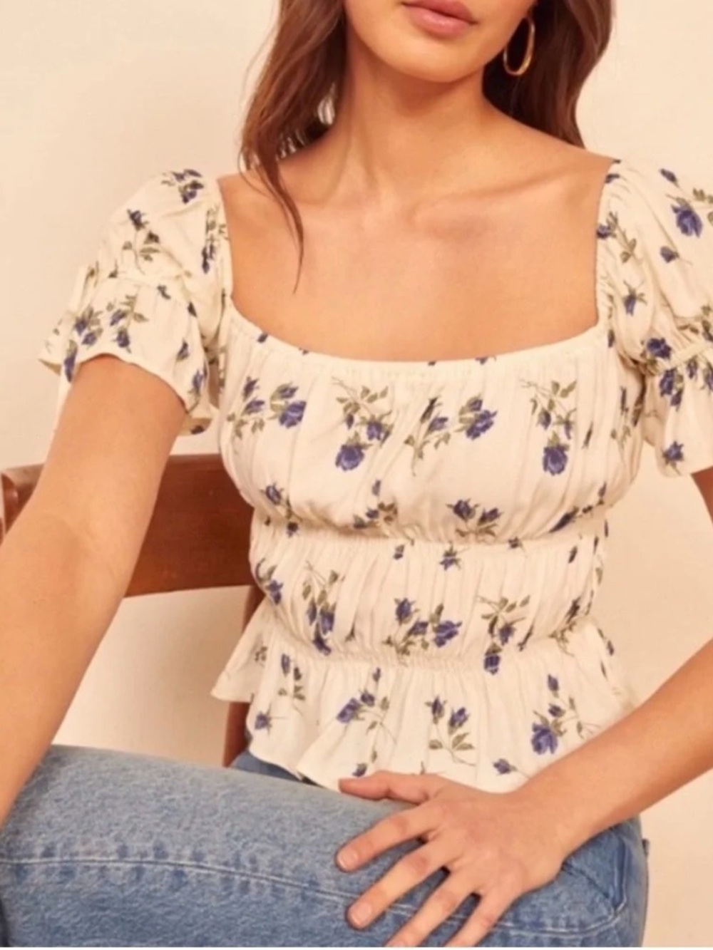 Reformation Solis ruffle top in Nightingale  blue flowers cottagecore small
